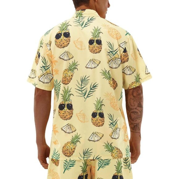 Men Yellow Hawaiian Shirt Pineapple Print Short Sleeve Button Up Casual Top - Picture 3 of 8